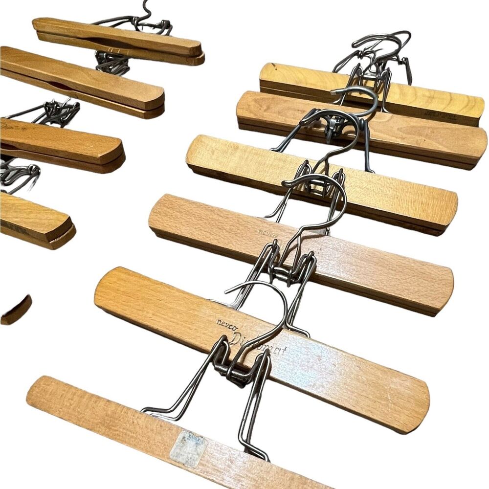 Mix Lot of 12 Vtg Wood Metal Clothes‎ Hanger Pant Trousers Setwell Nevco Taiwan